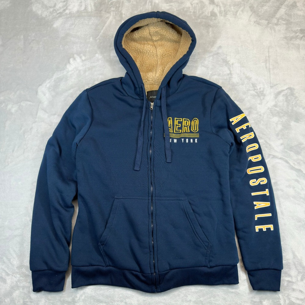 Y2K Aeropostale Hoodie L‎ Blue Aero New York Sherpa Lined Full Zip Fleece Jacket